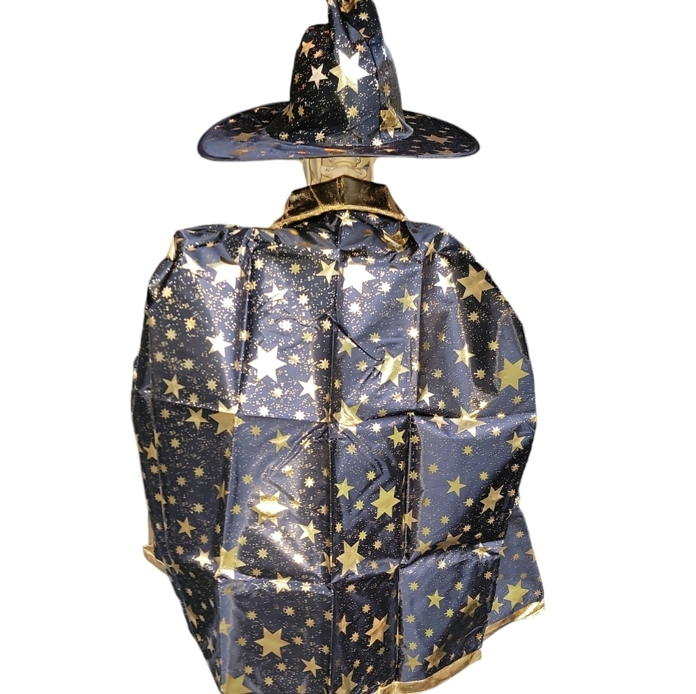 Fast Shipping Black Hat& Cloak w Gold Stars. Wizzard /Witch One Size Child - Picture 5 of 7